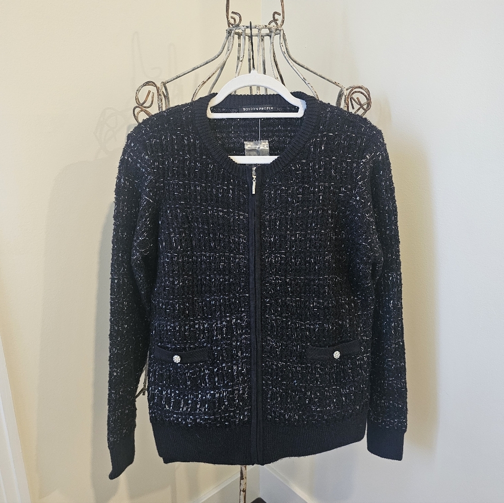 Boston Proper Black Textured Crewneck Sweater